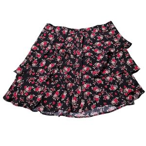 Zara XL Red Floral Black Tiered Ruffles Mini Skirt Nwt